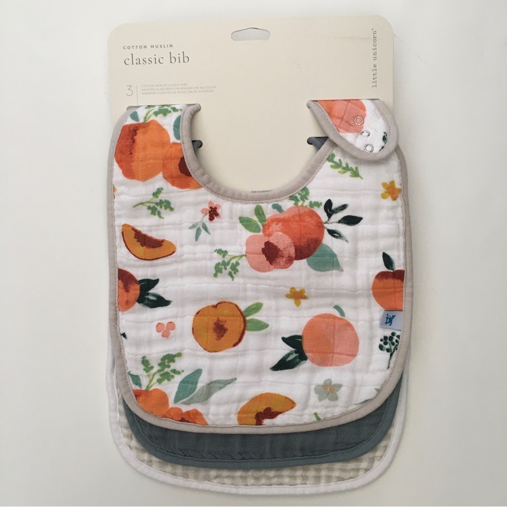 Cotton Muslin Bibs Set Peaches Solid Checkered Snap Closure NEW | Little Unicorn